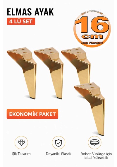 16 Cm Altın Elmas Ayak 4 Adet - Robot Süpürge Uyumlu Koltuk Dolap Tv Ünitesi Ve Mobilya Ayağı Seti Altın