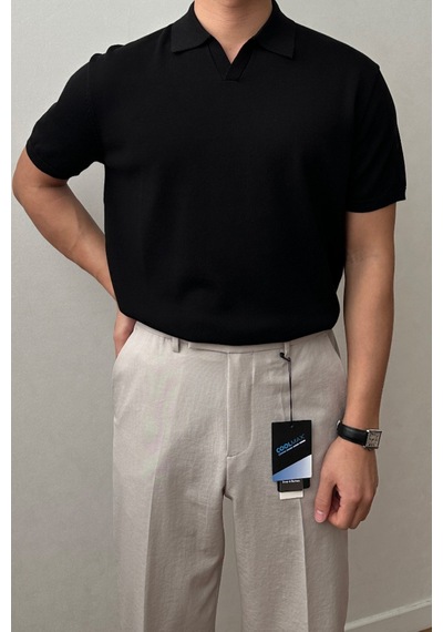 Cool Tarz Erkek Siyah Patlı Kısa Kollu Polo Yaka Triko T-shirt Siyah Siyah