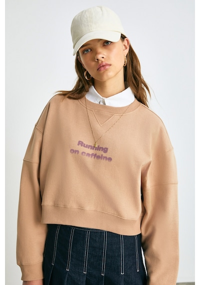 Grımelange DANBİ Kadın Crop Örme Kumaş Yuvarlak Yaka Uzun Kol Kahverengi Sweatshirt