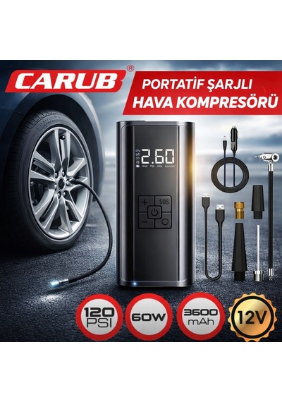 Carub Şarjlı Hava Kompresörü 3600mah Powerbank 12v 60w 120psı Usb/type C + 2 Yıl li
