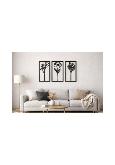 Arliadesign Ahşap 3 Parçalı Dikdörtgen Şeklinde Çiçek Figürleri / Siyah Ahşap 3 Mm Mdf