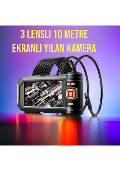 Ekranlı 3 Lensli Yılan Kamera 10 Mt Sert Kablo