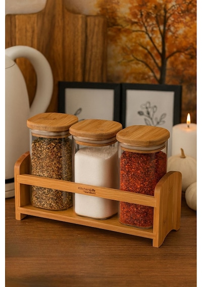 4 Parça Standlı Bambu Kapaklı Tezgah Üstü Baharat Seti - Baharat Takımı - 350 Ml Diğer