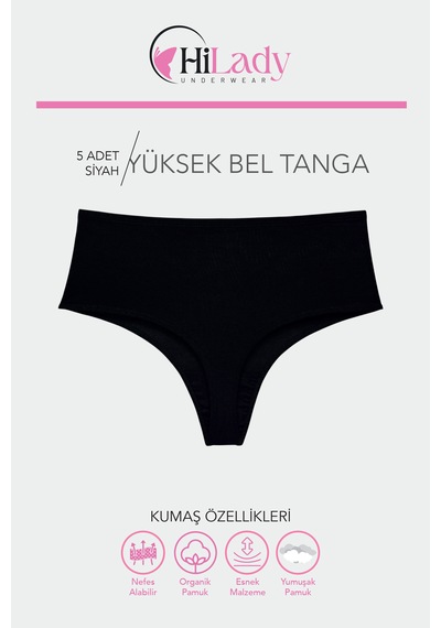 Hilady Kadın Tanga, Yüksek Bel Tanga 5'li Paket String, Tanga Külot Pamuklu Kumaş Siyah