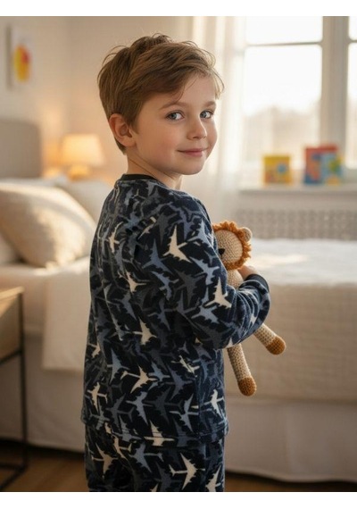 Zekids Erkek Çocuk Uçak Polar Desenli Pijama Takımı-16813 Lacivert