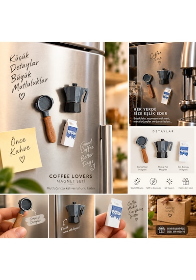 Coffee Lovers 3'lü Kahve Temalı Dekoratif Magnet Seti Moka Pot Portafilter Süt Kutusu
