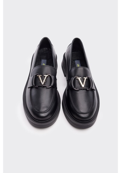 Derinet V Tokalı Hakiki Deri Kadın Loafer Siyah Siyah