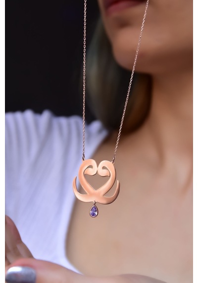 Papatya Silver 925 Ayar Gümüş Rose Kaplama İkili Vav Lila Taşlı Kolye
