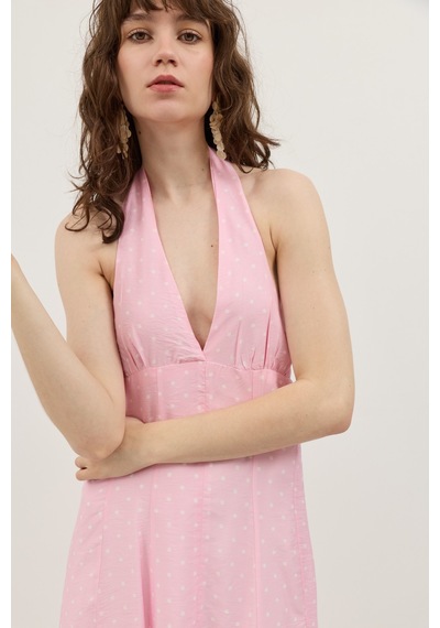 Antioch Halter Yaka Puantiyeli Kadın Elbise Pembe
