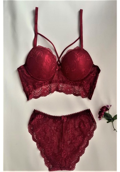 Kadın Dantelli Destekli Desenli Bralet Sütyen Takım Bordo