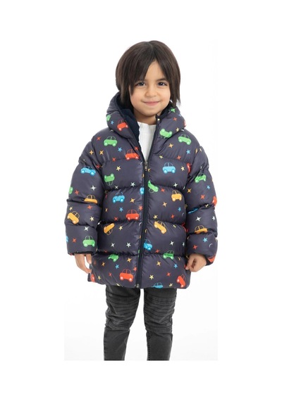 Erkek Çocuk Polarlı Kapüşonlu Araba Yıldız Ay Desenli Kışlık Şişme Mont & Kaban-31 Lacivert