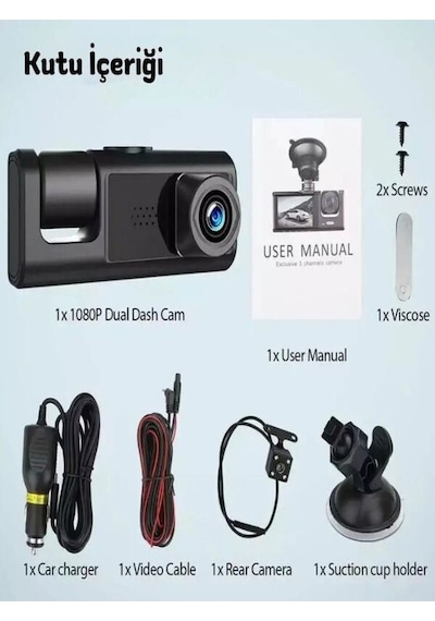 Araç İçi Kamera 1080p 3 Kameralı Ips Ekran G Sensör Gece Görüş Ultra Geniş Açılı 4k 64gb Kart