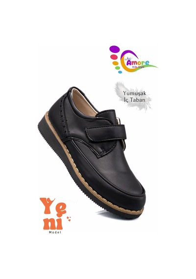 Sermoda Lil Amore Cırt Cırtlı Erkek Çocuk Ayakkabısı Okul & Sünnet Düğünü İçin Klasik Model Mat Siyah