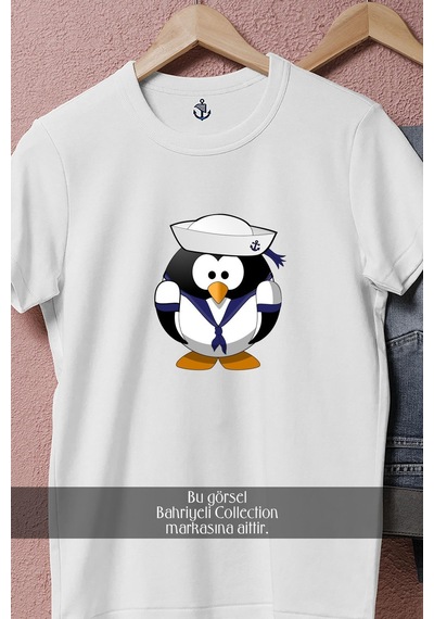 Bahriyeli Collection Oversize Denizci Penguen Tasarımlı Unisex T-shirt Beyaz