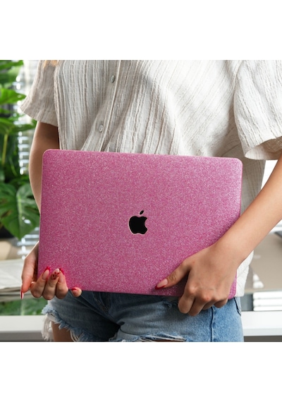 Apple Uyumlu MacBook Air 13 Kılıf Simli Parlak Vinil Sert Hard Case Tpu Taban İnce Hafif A2337 A2179 A1932 Açık Pembe