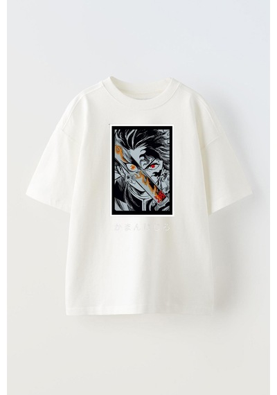 Thewert Unisex Demon Slayer Rangoku Tasarım Baskılı Pamuk Beyaz Oversize T-shirt
