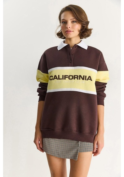 Shade Kadın Polo Yaka Düğmeli California Yazılı Nakış Detaylı Oversize Kadın Sweatshirt 10009 60283563 - Kahverengi