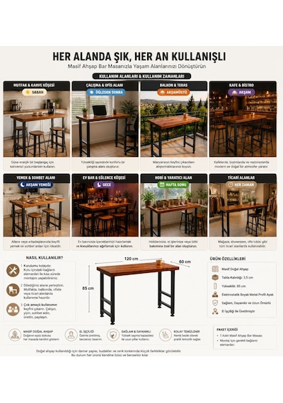 Masif Bar Masası 85 Cm Yüksek Metal Profil Ayaklı Mutfak Yemek Kafe Bistro Çalışma 40x40 Çok Renkli Masif Bar Masası 85 Cm Yüksek Metal Profil Ayaklı Mutfak Yemek Kafe Bistro Çalışma 40x40 Çok Renkli