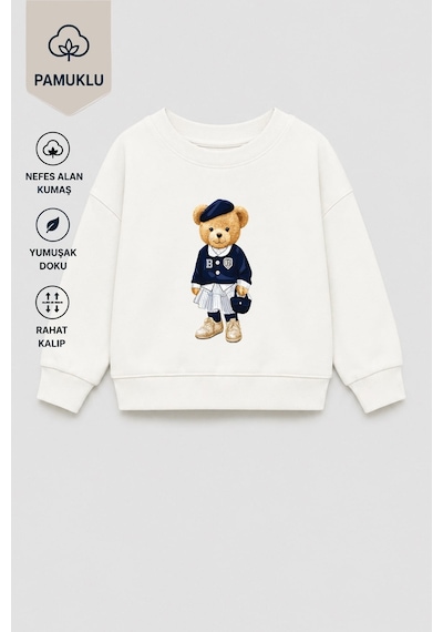 Monila Kız Çocuk 3 İplik Kumaş Pamuklu Ayıcık Baskılı Sweatshirt Ekru