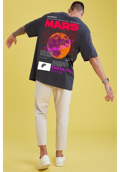 Flood Of Style Erkek Gri Mars Sırt Baskılı Oversize T-shirt