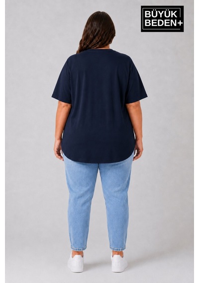 Superlife Süperlife Büyük Beden Kadın Bisiklet Yaka Basic Oval Etek Detalylı 3xl-6xl Uzun Tunik Spr26btsk502 Lacivert