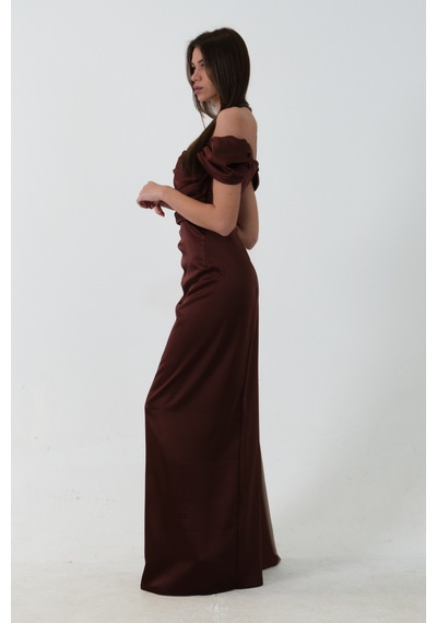 Feminist Kahve Drape Detaylı Saten Kumaş Abiye Elbise 9704858 Kahverengi