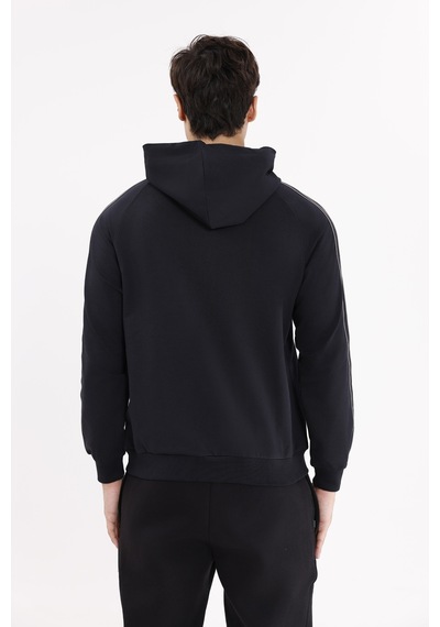 Rowinger Çift Şerit Kol Detaylı Tam Fermuarlı Cepli Rahat Kalıp Ayarlanabilir Kapüşonlu Sweatshirt Black