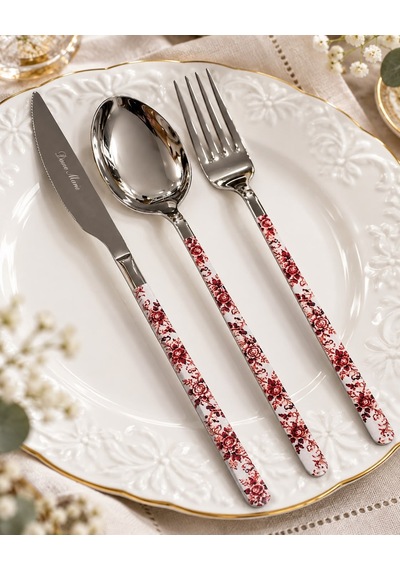 18 Parça Floral Red Desen Yemek Çatal , Kaşık ,bıçak Seti-7961 Çok Renkli