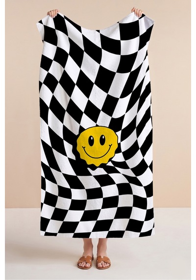 Siyah Beyaz Dama Desenli Gülücük Plaj Havlusu-modern Pop Art Sarı Detaylı Hızlı Kuruyan Plaj Örtüsü Çok Renkli