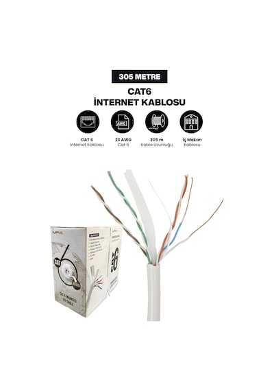 Cat6 İnternet Kablosu 23 Awg 305 Metre İç Mekan Yüksek Hızlı Ağ Kablosu