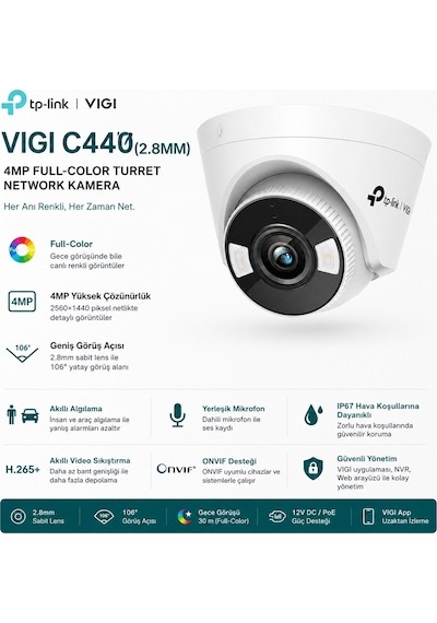 Tp-link Vıgı C440 V2 4mp Full Color Dome Ip Kamera 2.8mm Lens 30m Renkli Gece Görüşü Poe Dome Kamera
