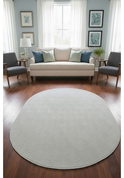 Raschel Carpet Premium Oval Yıkanabilir Leke Tutmaz Yaprak Emboss Açık Gri Özel Seri Kaymaz Taban Halı Yolluk Açık Gri