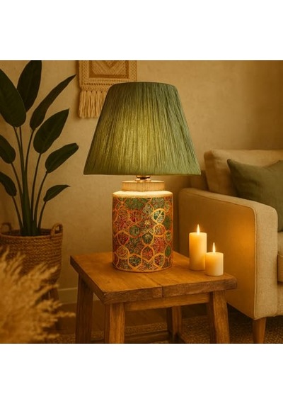 Timide Desenli Handmade Seramik Abajur Yeşil El Yapımı, Modern, Doğal Tonlu Dekoratif Aydınlatma E27 Duy Uyumlu A Enerji Sınıfı Ce Sertifikalı Enerji Sınıfı A 10 Parça Siyah