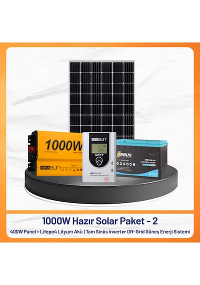 1000w Hazır Solar Paket - 2 400w Panel + Lifepo4 Lityum Akü + Tam Sinüs Inverter Off-grid Güneş Enerji Sistemi