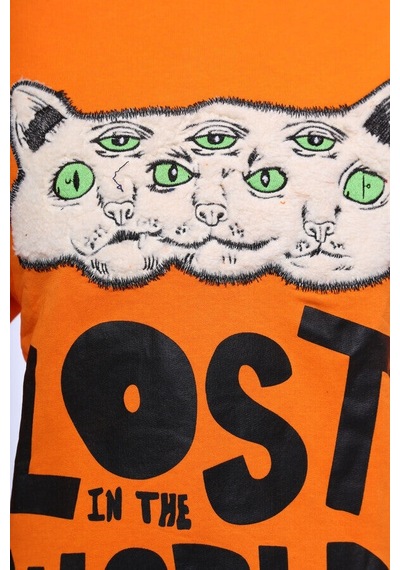 Wessi Oranj Baskılı Desenli Bisiklet Yaka Sweatshirt Turuncu