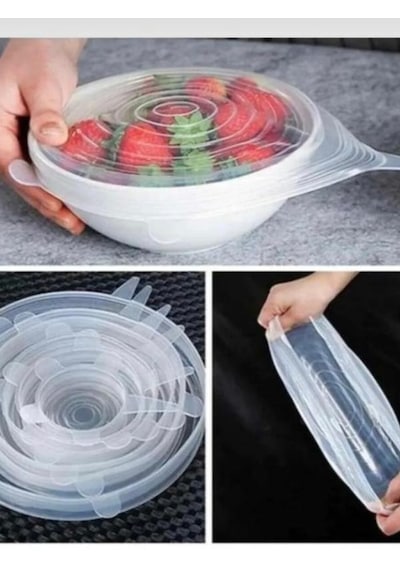 6 Lı Set Silikon Gıda Saklama Streç Kapak Taze Tutan Esnek Streç Kapak Seti, Gıda Bonesi Şeffaf