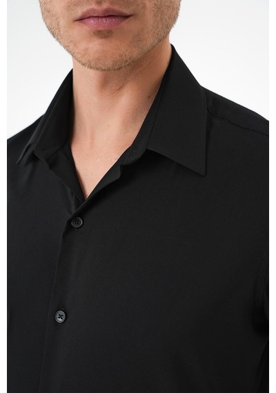 Efor Slim Fit Erkek Yaka Esnek Pamuk Klasik Beyaz Siyah Gömlek Gk 737 Siyah