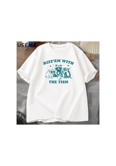Tarzsokak Rizz Em Tism İle Vintage T Shirt Erkek Kadın Retro 90s Komik Rakun Grafik T Shirt Harajuku Pa 2822 Beyaz