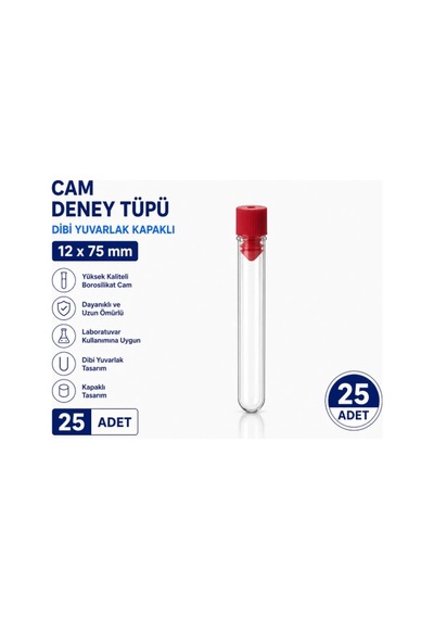 12x75 Mm Cam Deney Tüpü Dibi Yuvarlak Kapaklı 25 Adet Laboratuvar Test Tüpü