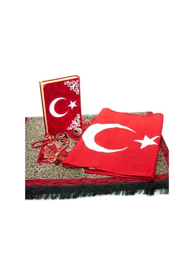 Türk Bayraklı Kuranı Kerim Hediyelik Set Kadife Kutulu, Bayrak, Seccade Ve Tesbih