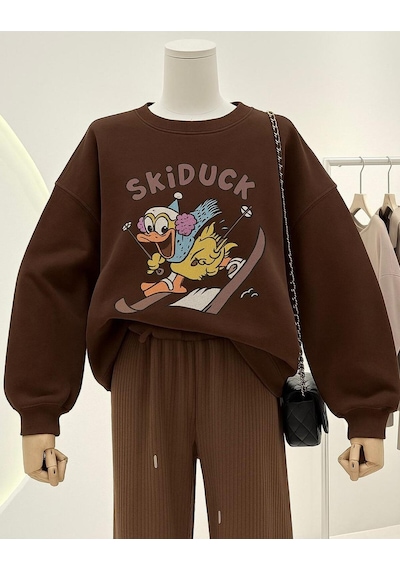 Benroma 3 İplik Penye Skiduck Baskılı Unisex Sweatshırt Kahverengi