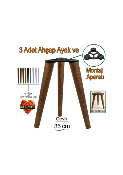 3 Adet Ahşap Ayak 35 Cm Ceviz M8 Civatalı Bağlantı Aparatlı Mobilya Tabure Sehpa Masa Destek Ayağı Ceviz