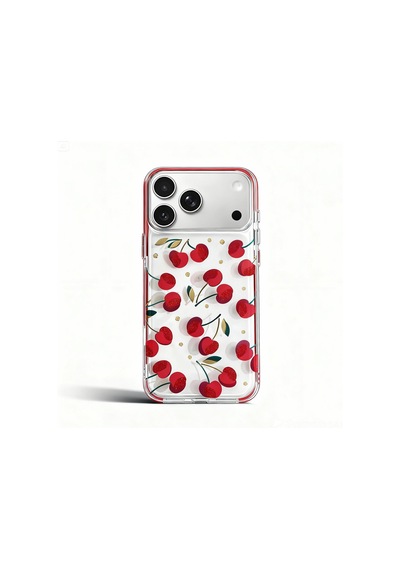 Apple Uyumlu iPhone 17 Pro Kiraz Desenli Taş Çerçeveli Sert Şeffaf Kılıf