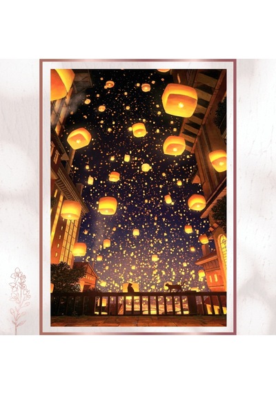 Uçan Fenerli Gece Pvc Tablo - Dilek Temalı Romantik Pvc Tablo