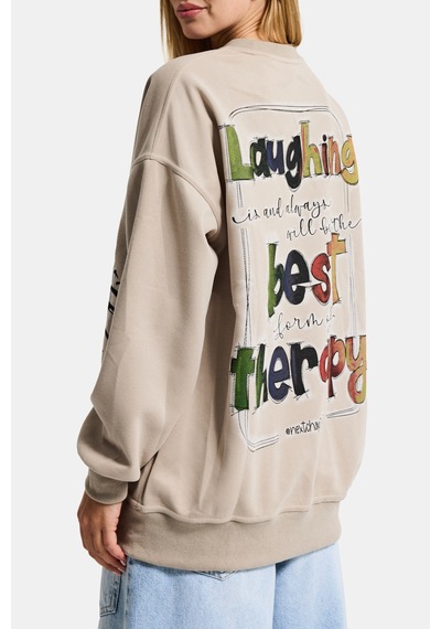 Itsbasic Kadın Ekru Bej W5 Oversize Baskılı %100 Koton Organik Kumaş Sweatshirt