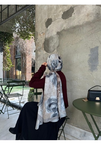 Qalortex Scarf Pamuklu Rose Desen Şal-gri/vizon Gri-vizon