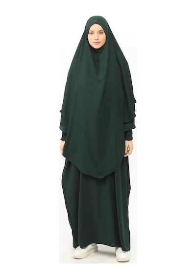 Altobeh Sultanbaş Nikaplı Çarşaf Cilbab Khimar Abaya Kolu Lastikli Hakim Yaka Peçeli Ferace Medine İpek Zümrüt Yeşili 1412-106-s-m Zümrüt