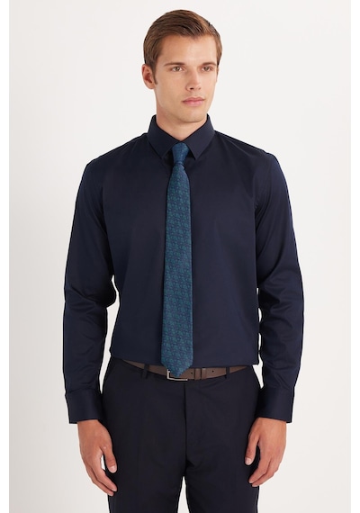 Tudors Erkek Slim Fit Premium Likralı Pamuk Saten Lacivert Gömlek-35742 Lacivert