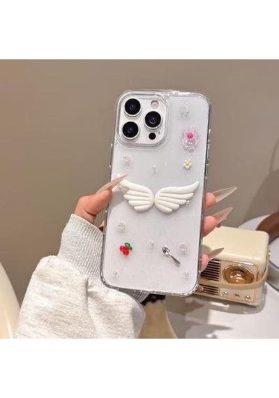 3d Melek Kanatlı Çiçekli Şeffaf Simli İphone 15 Plus / 14 Plus Uyumlu Kılıf Kamera Korumalı, Darbe Emici Silikon