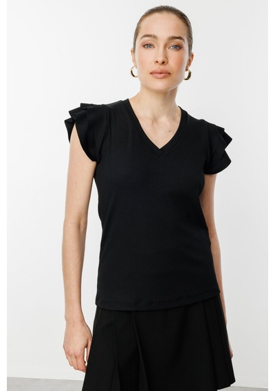 On Kadın Minimalist V Yaka Kısa Kol Bluz - Regular Fit Siyah